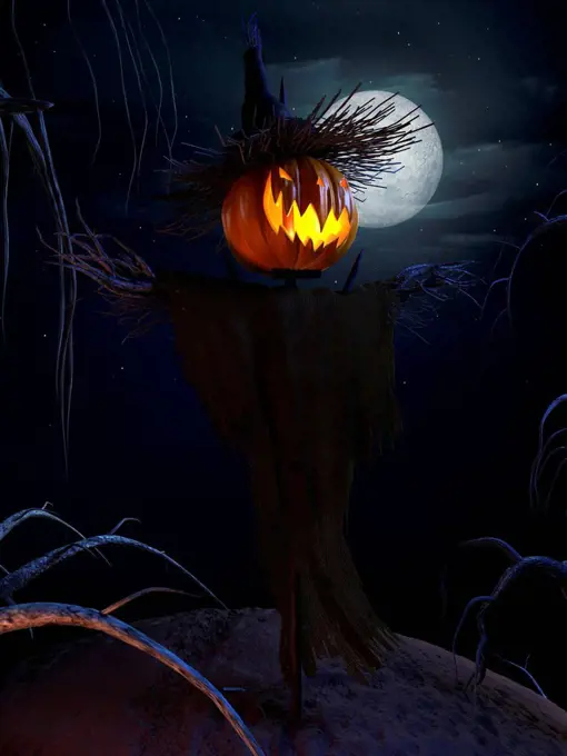 3d rendered halloween scene with a scary scarecrow