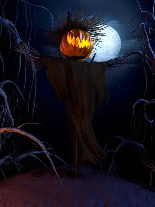 3d rendered halloween scene with a scary scarecrow