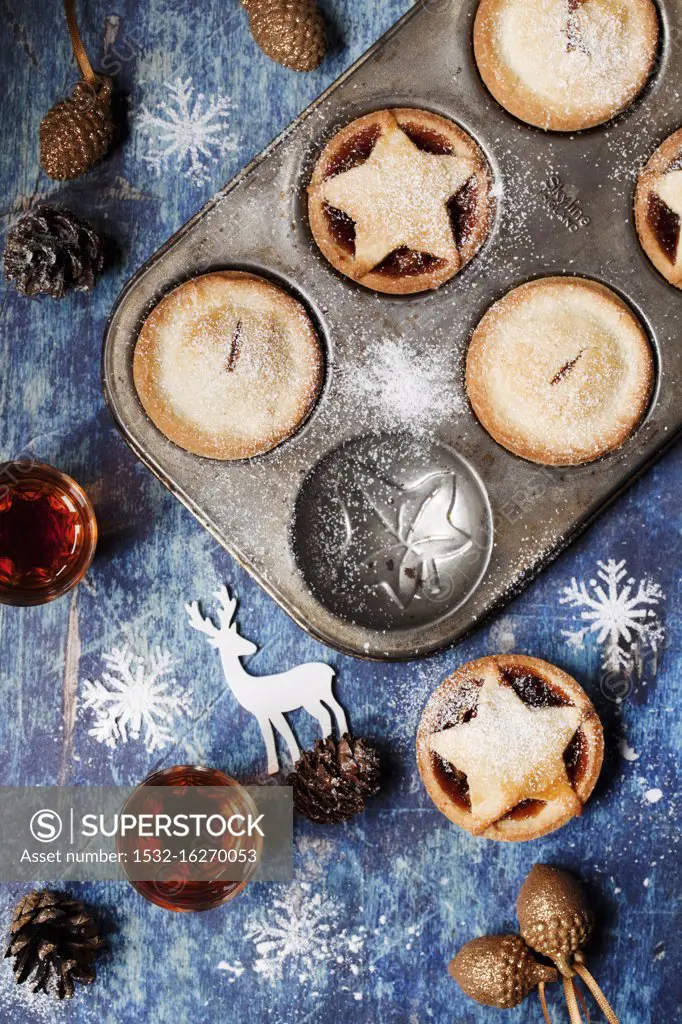 Overhead view of Mince Pies in Vintage Baking Tins