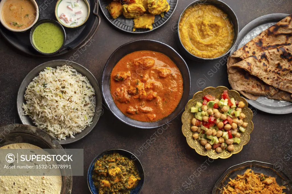 Variety of Indian food, different dishes and snacks