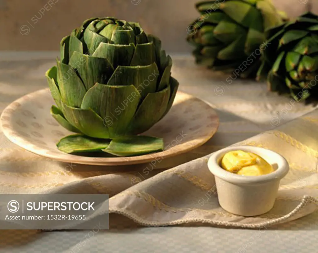 An Artichoke with Mustard Mayonnaise Dip