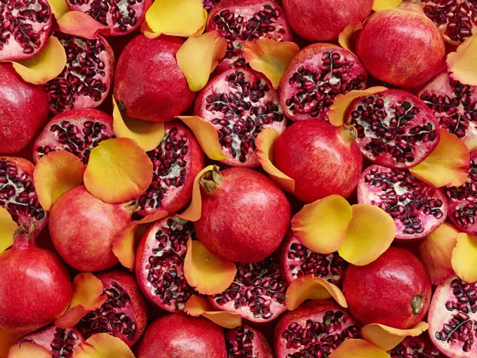 Pomegranates and yellow rose petals (whole image)