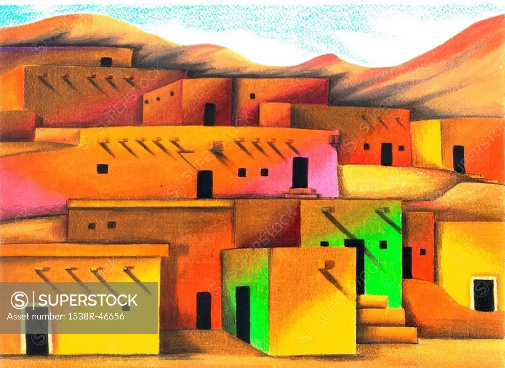 Illustration of Mexican adobe houses