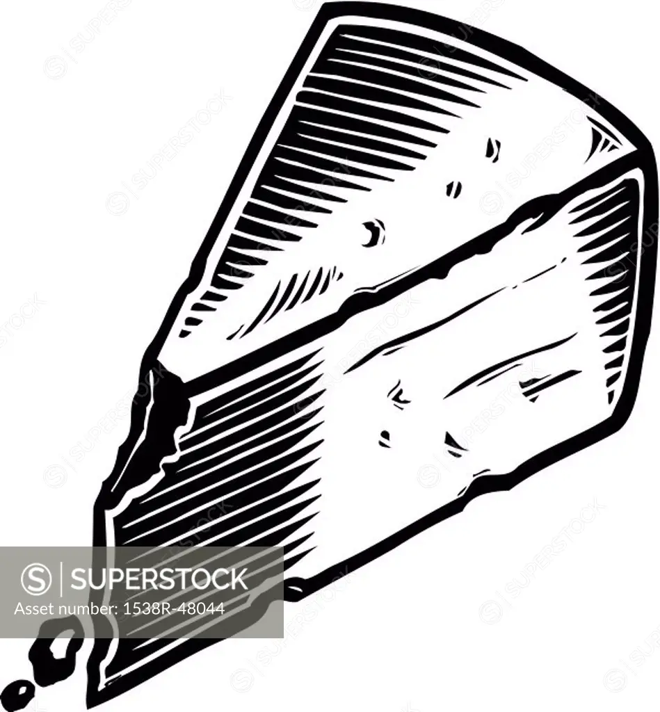 A triangle shaped block of cheese on a white background