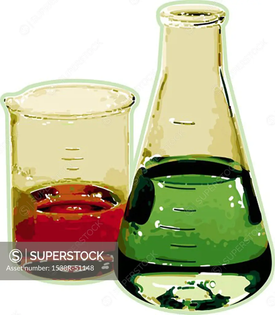 Illustration of a pair of beakers with coloured liquid inside