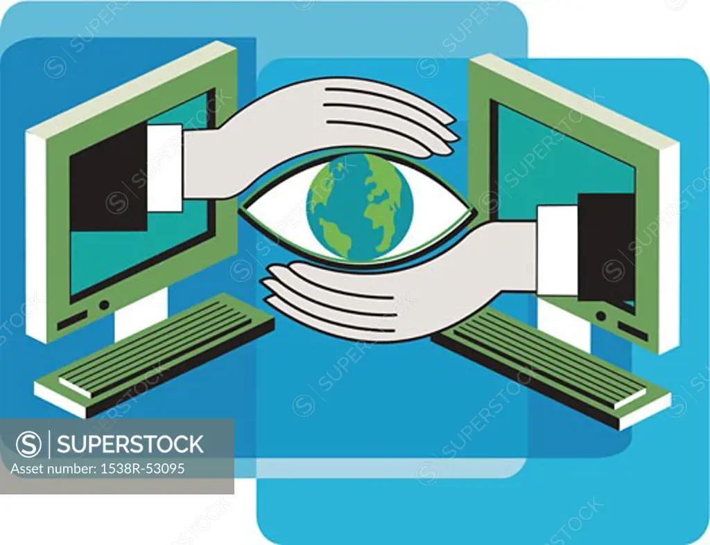 Two hands coming out of two computer screens to hold an eye with a globe