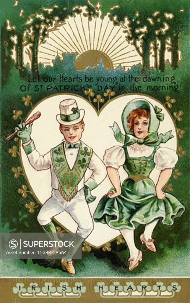 A vintage St. Patricks Day card with a Irish boy and girl doing a jig