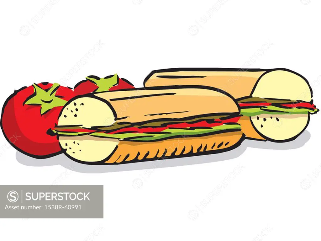 A drawing of sub sandwiches and tomatoes