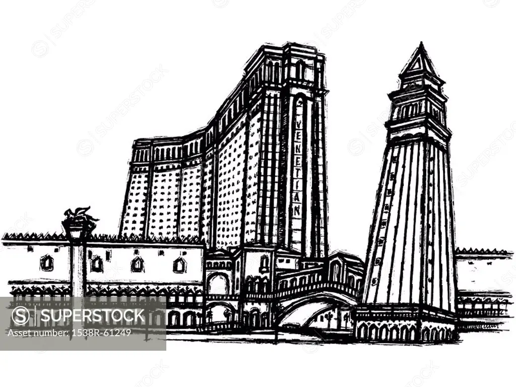 A black and white illustration of The Venetian hotel with its tower