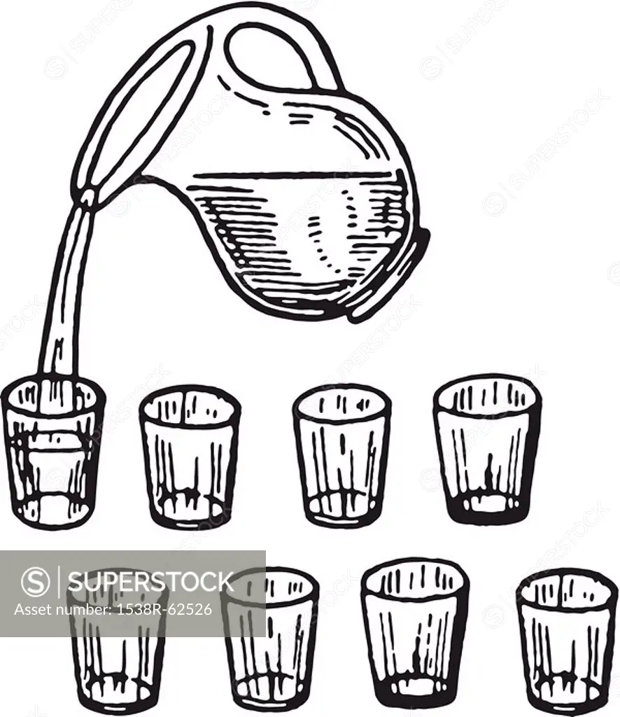 A black and white version of a glass jug pouring water into glasses