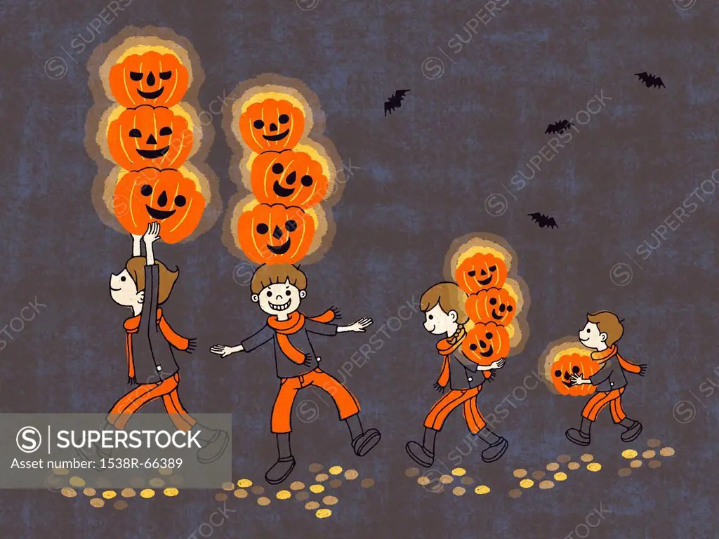 Young boys carrying stacks of Halloween lanterns