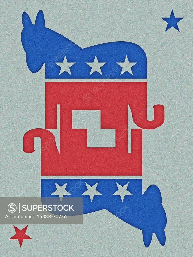 Mirror image of a Democratic donkey and Republican elephant