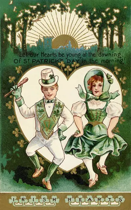 A vintage St. Patricks Day card with a Irish boy and girl doing a jig