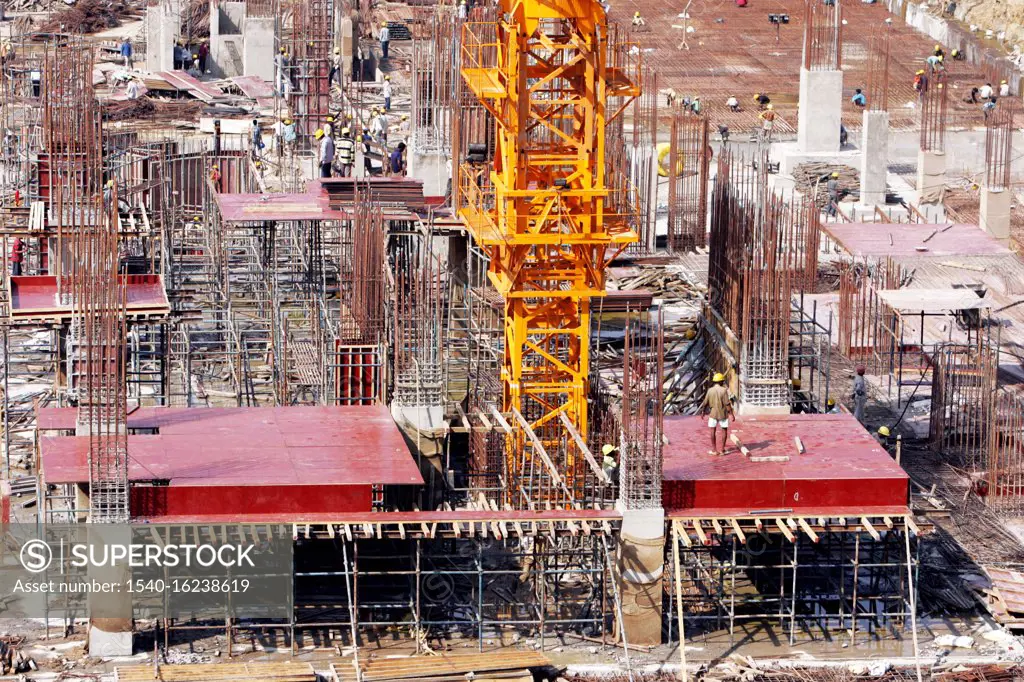 Construction in full fledge at the site of earlier Jupiter mills ; Bombay Mumbai ; Maharashtra ; India 