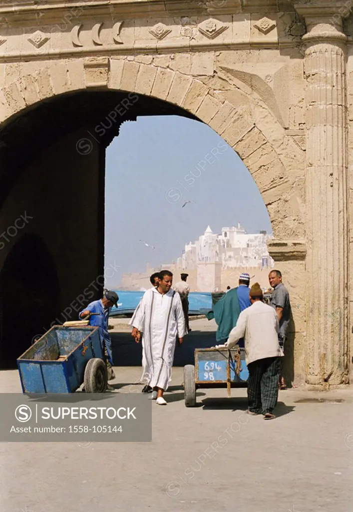 Morocco, Essaouira, harbor, gate, men, Carts, , Africa, northwest Africa, As-Suweira, city, port, wall, people, trolleys, transportation, transportati...