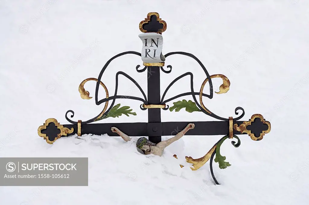 Graveyard, cross, wrought-iron, gotten snowed in, detail, winters, shrines, grave, cross, iron-cross, Jesus, forged INRI, snow snow-covered symbol dea...