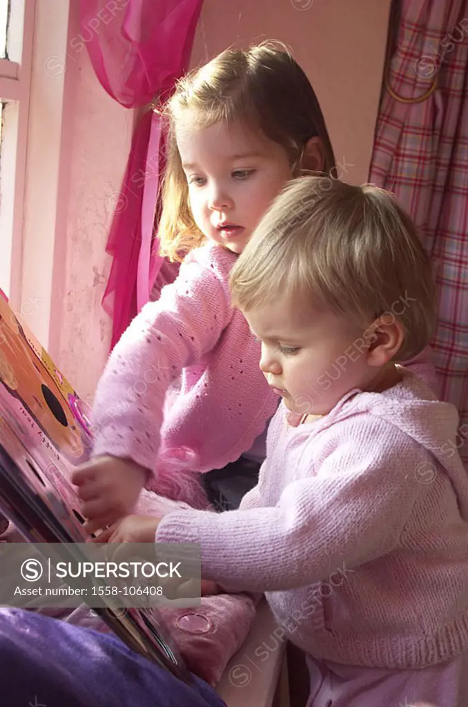 Girls, together, picture-book, looks at, sill, people, children, toddlers, 1-3 years, blond, long-haired, sisters, siblings, quite-bodies, indoors, at...