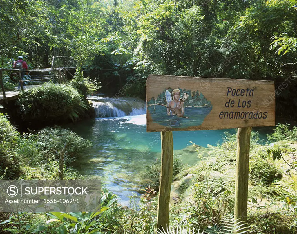 Cuba, sierra Del Escambray, El Nicho water-cases, wood-sign, writing ´Poceta de lot enamorados´ Central America, close to Cienfuegos, mountains, rocks...