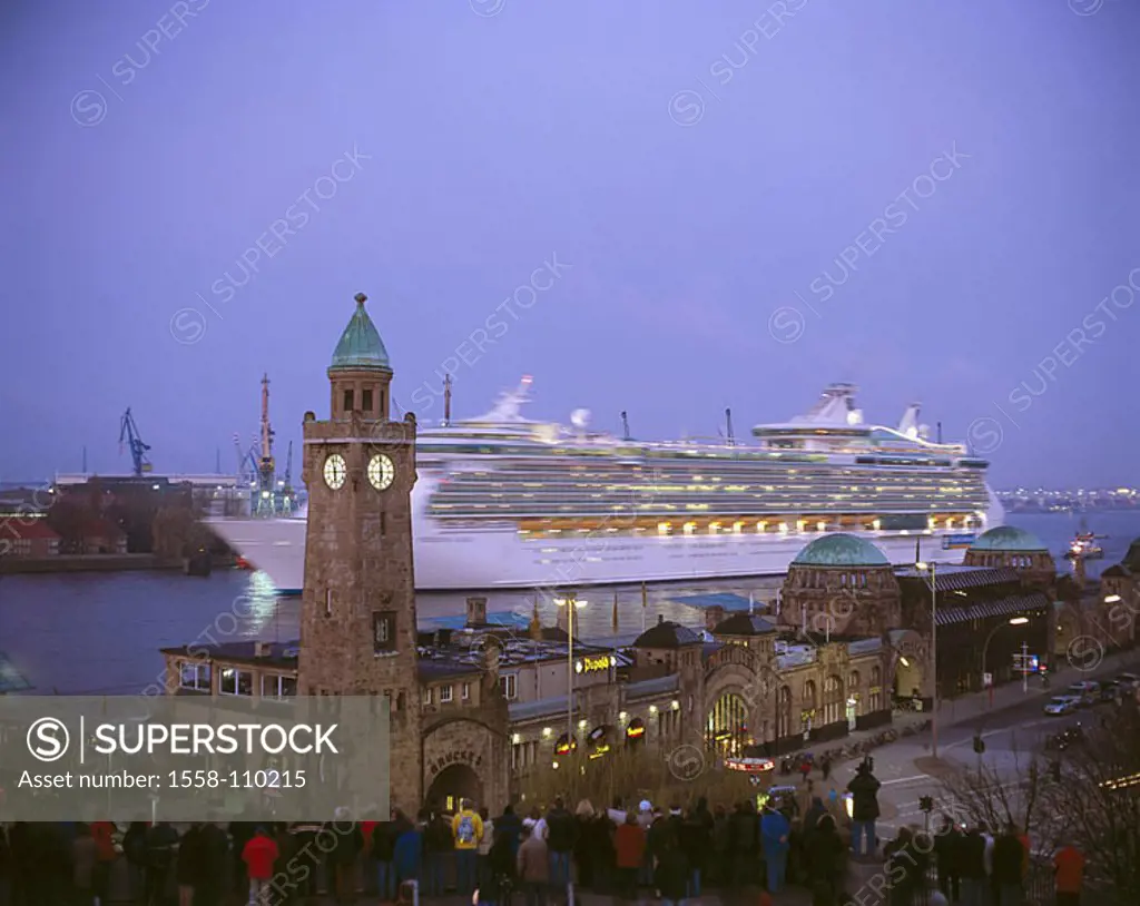 Germany, Hamburg, Saint Pauli, piers, liner, clock-tower, twilight, Europe, Northern Germany, city, Hanseatic town, city, district, economy, St -Pauli...