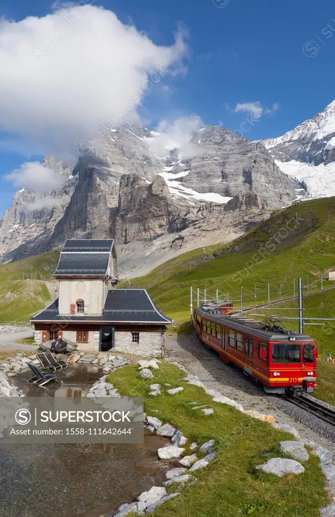 Train station on Kleine Scheidegg Mountain Pass with view of Eiger Mountain, Grindelwald, Bernese Highlands, Canton of Bern, Switzerland