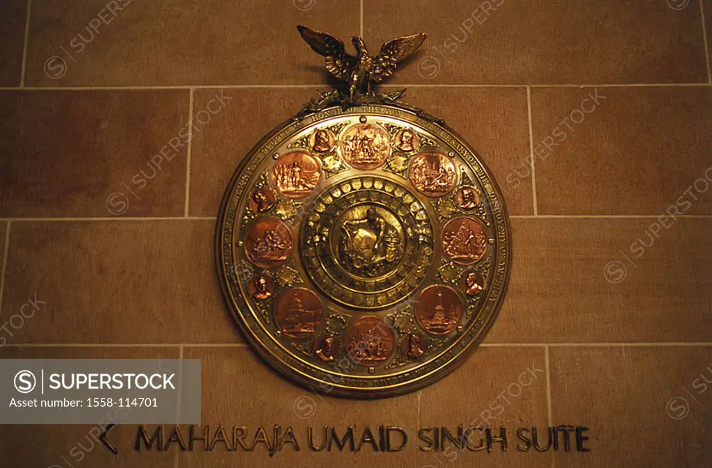 India, Rajastan, Jodhpur, Umaid Bhawan Palace, Maharaja Umad Singh suite, bronze-sign, Asia, South-Asia, destination, hotel, luxury-hotel, luxury, lux...