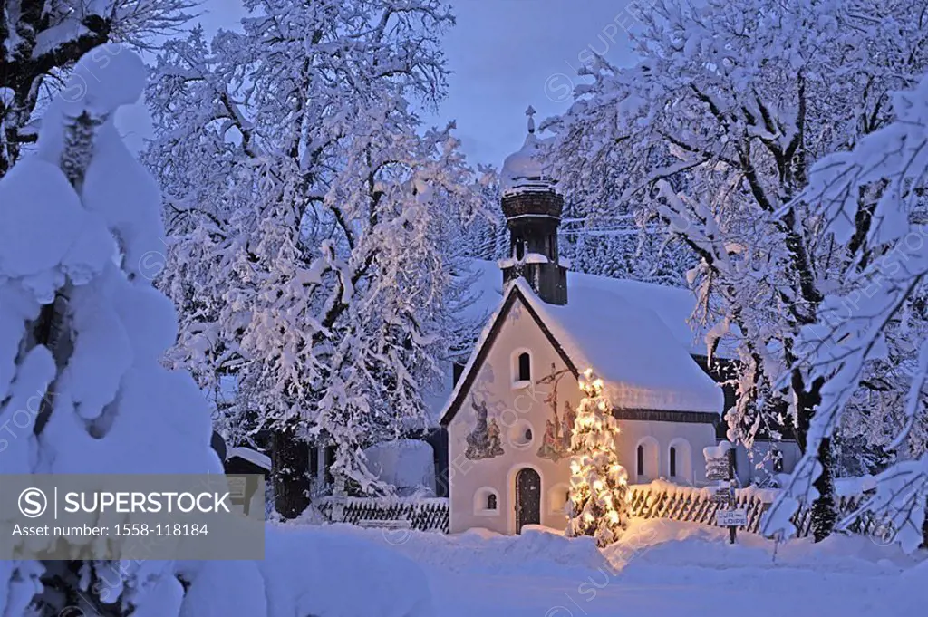 Germany, Bavaria, Klais, chapel, Christmas-tree, illuminates, outside, evening, twilight, twilight, church, small, belief, religion, illumination, tre...