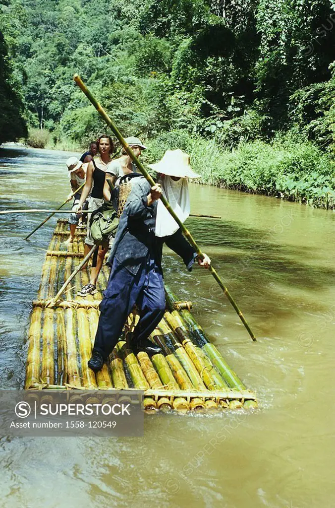 Thailand, Pai River, tourists, raft-trip, bamboo-raft, Asia, people, tourism, adventures, men, man, headgear, native, women, vacation, river, water, l...