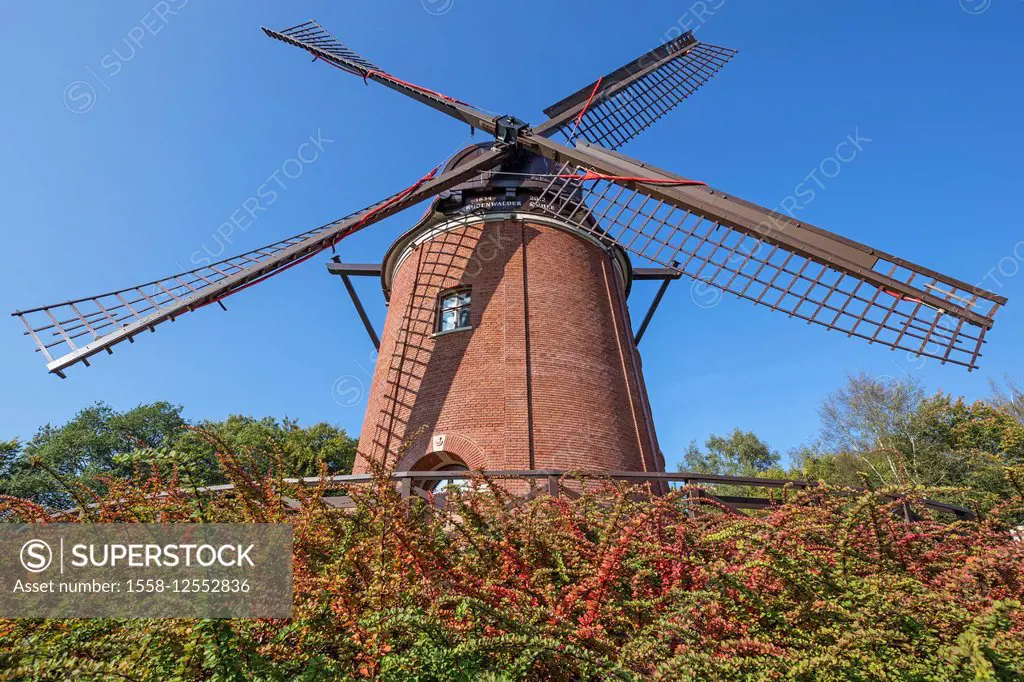 Anew built 'Rügenwalder Mühle' (windmill), Hallmark of sausages manufacturer in Bad Zwischenahn, Ammerland, Lower Saxony, Germany,