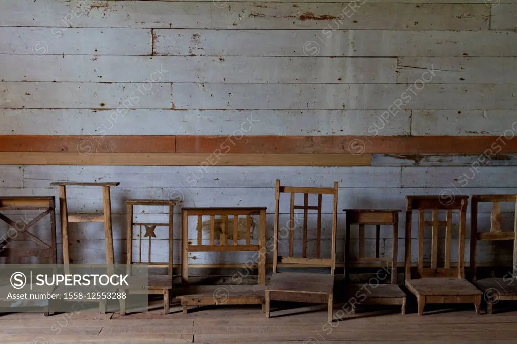 Prayer stool row in pilgrimage church, Chiloe, Chile