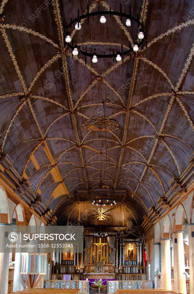 Nave in the wooden church, Curaco, Chiloe, Chile