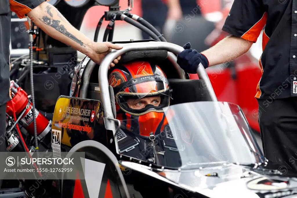 Nitro Olympics Hockenheim in 2011, Dragster, Swiss racer Urs Erbacher in the race car, just before the start, Top Fuel Dragster,