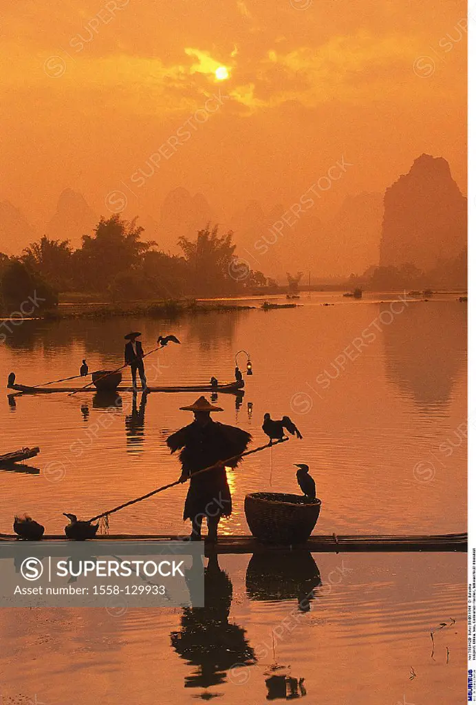 China, Asia, See, Silhouette, Fisherman