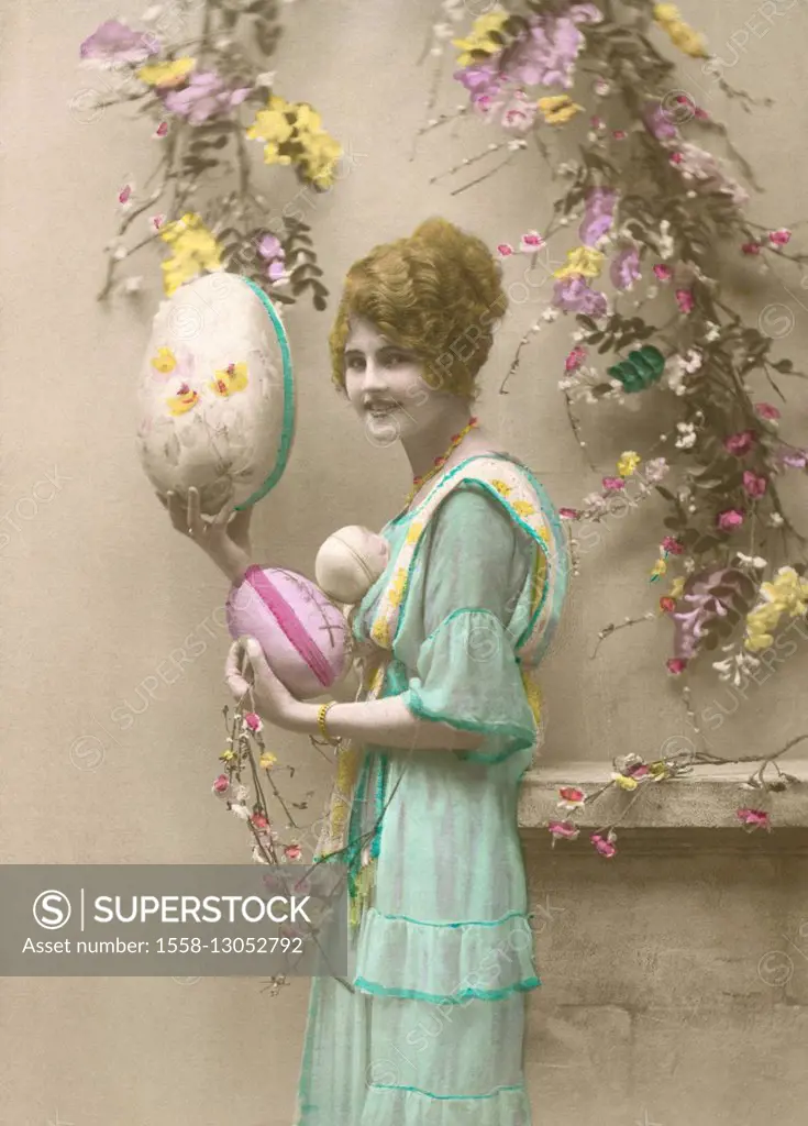 Postcard, historic, woman, Easter eggs, blossoms,