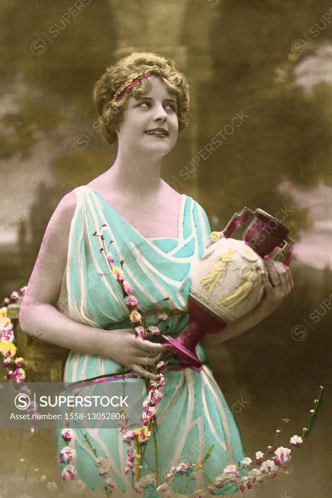 Postcard, historic, woman with Greek amphora, flowering branches,