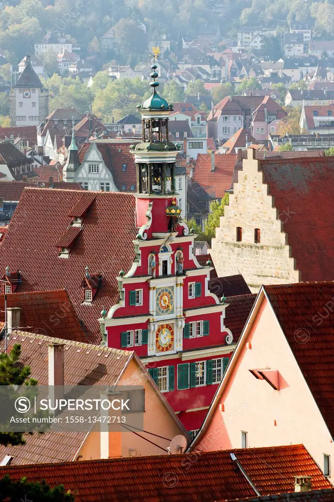 Germany, Baden-Wurttemberg, 'Esslingen at the Neckar', old city hall with Renaissance gable, astronomical clock and carillon, between the roofs of the...