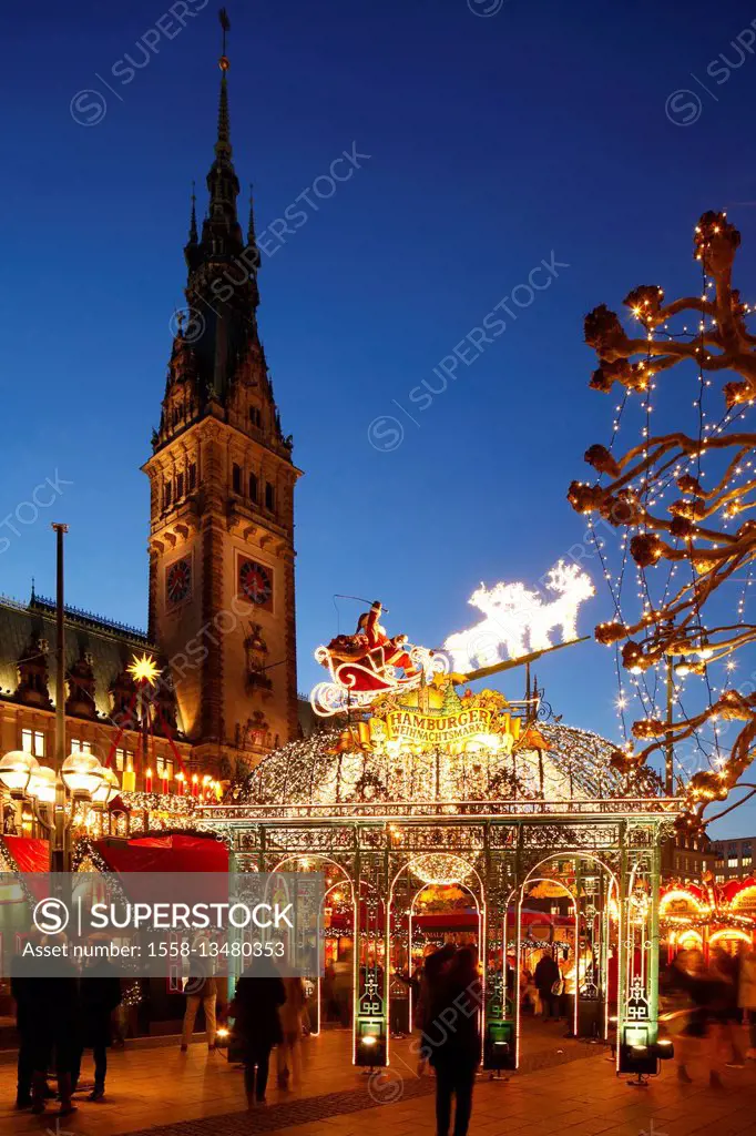 Hamburg city hall with Christmas fair at dusk, Hamburg, Germany