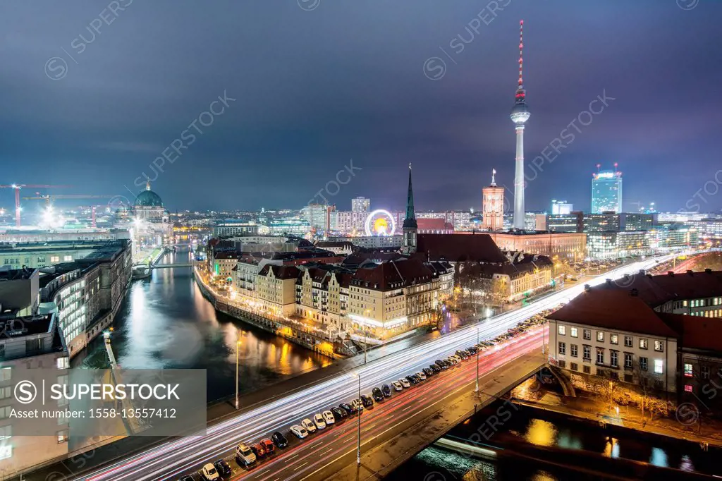 View over the roofs of Berlin, Berlin Mitte, night photography