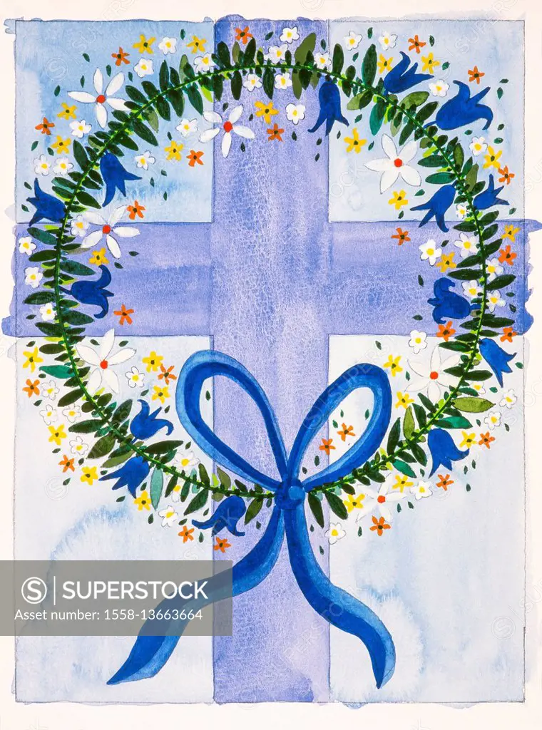 Aquarelle by Heidrun Füssenhäuser, cross with ring and loop