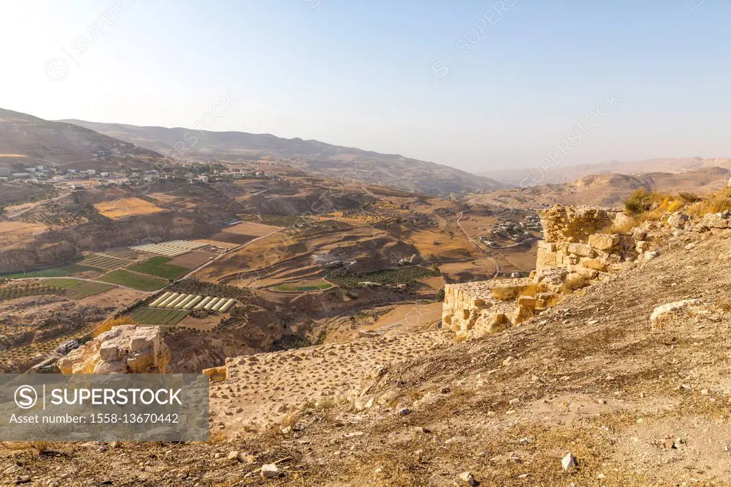 view of the surrounding landscape of Karak, from the Crusader castle Karak (Kerak, Al-Karak), 12th century, built to protect the Christian Kingdom of ...