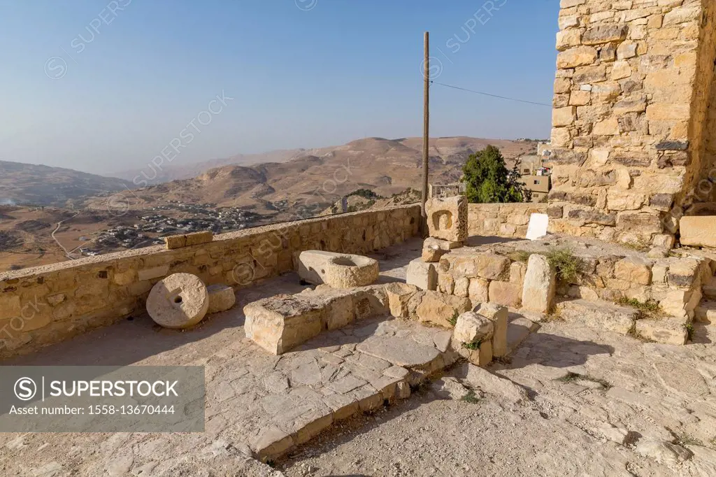 The completely renovated Crusader castle Karak (Kerak, Al-Karak), 12th century, built to protect the Christian Kingdom of Jerusalem, Jordan, Asia