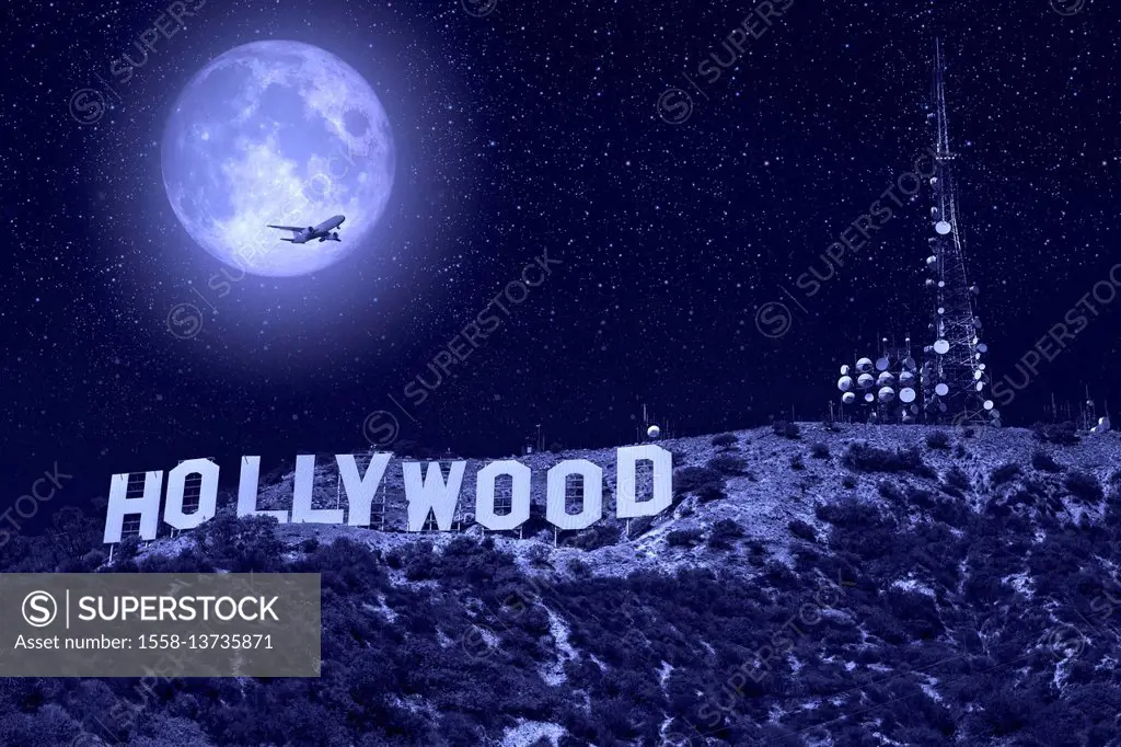 USA, California, Hollywood Sign, full moon, airplane, M