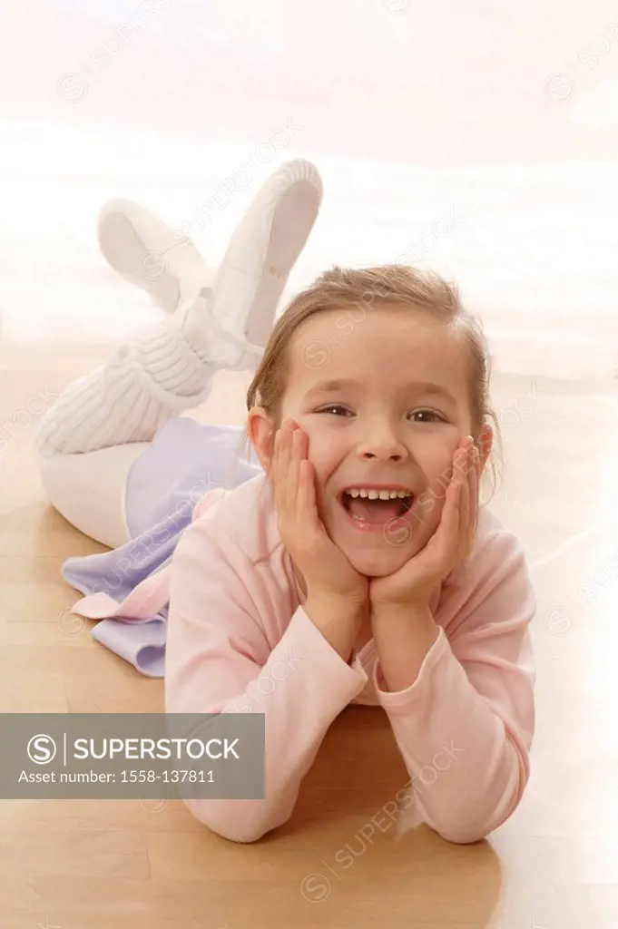 girl, ballet, lie, head rests, smiling, people, child, childhood, 6-8 years, hobby, leisure time, ballerina, ballet-instruction, pause, happily, cheer...