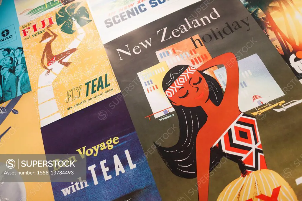 New Zealand, North Island, Auckland, Auckland War Memorial Museum, air travel display, travel posters