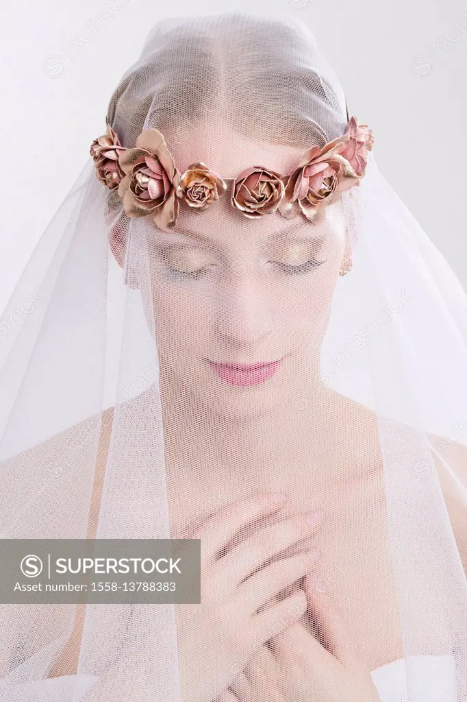 young woman, bride, veil, floral wreath