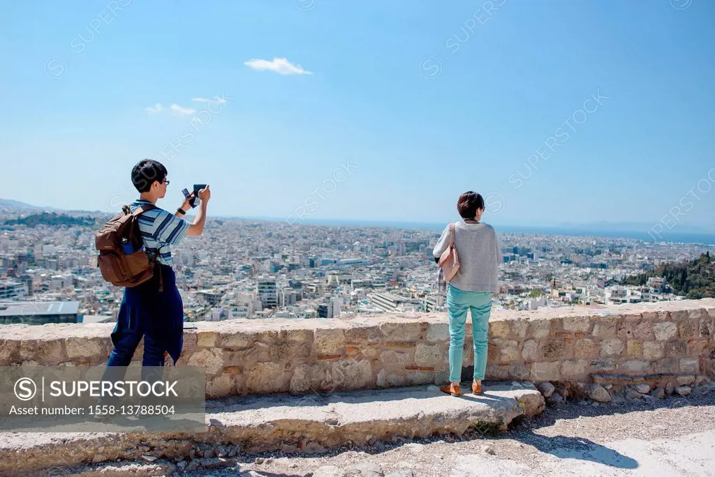 Asian tourists at the Acropolis in Athens, Greece