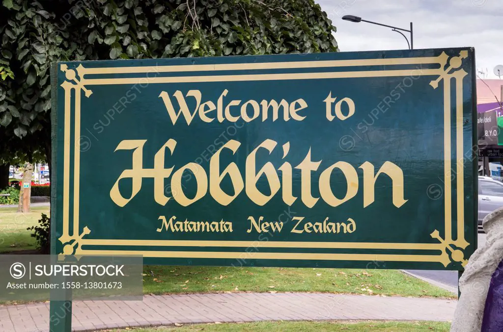 New Zealand, North Island, Matamata, Hobbiton Movie Set, welcome sign