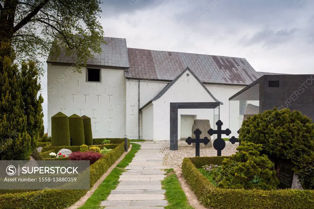 Denmark, Jutland, Jelling, birthplace of Christianity in Denmark, Jelling Kirke Church, built 1100 AD, exterior