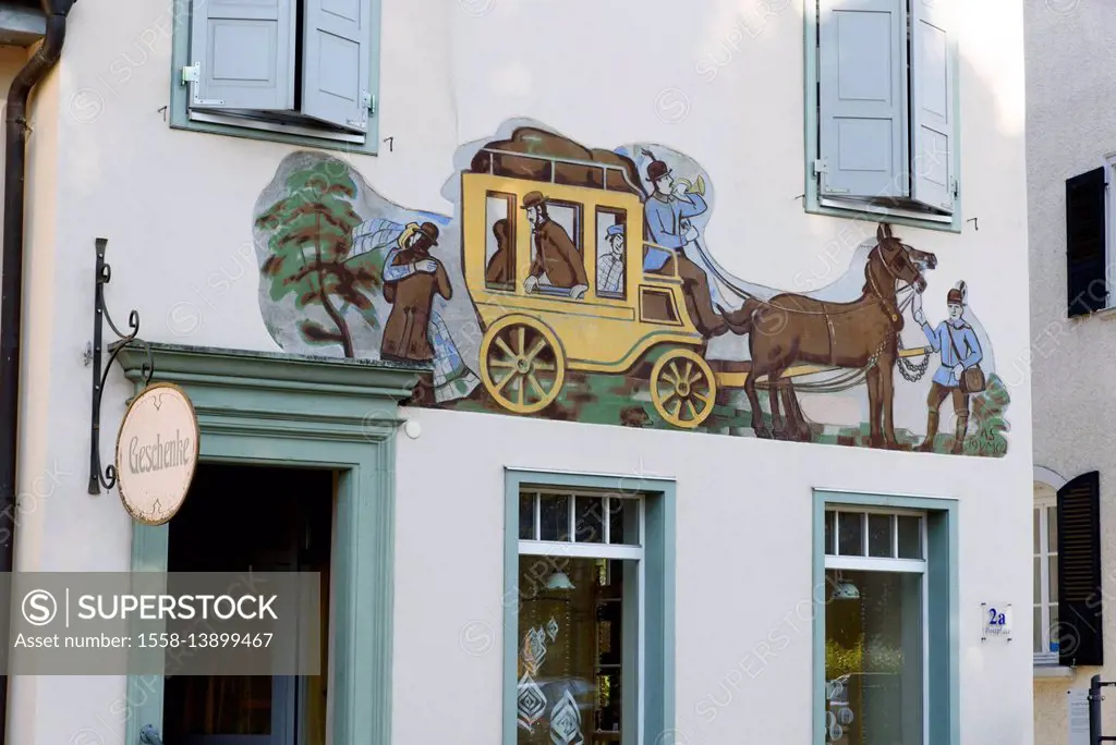 House with wall picture stagecoach in Heiligenberg, Lake of Constance, Baden-Wurttemberg, Germany