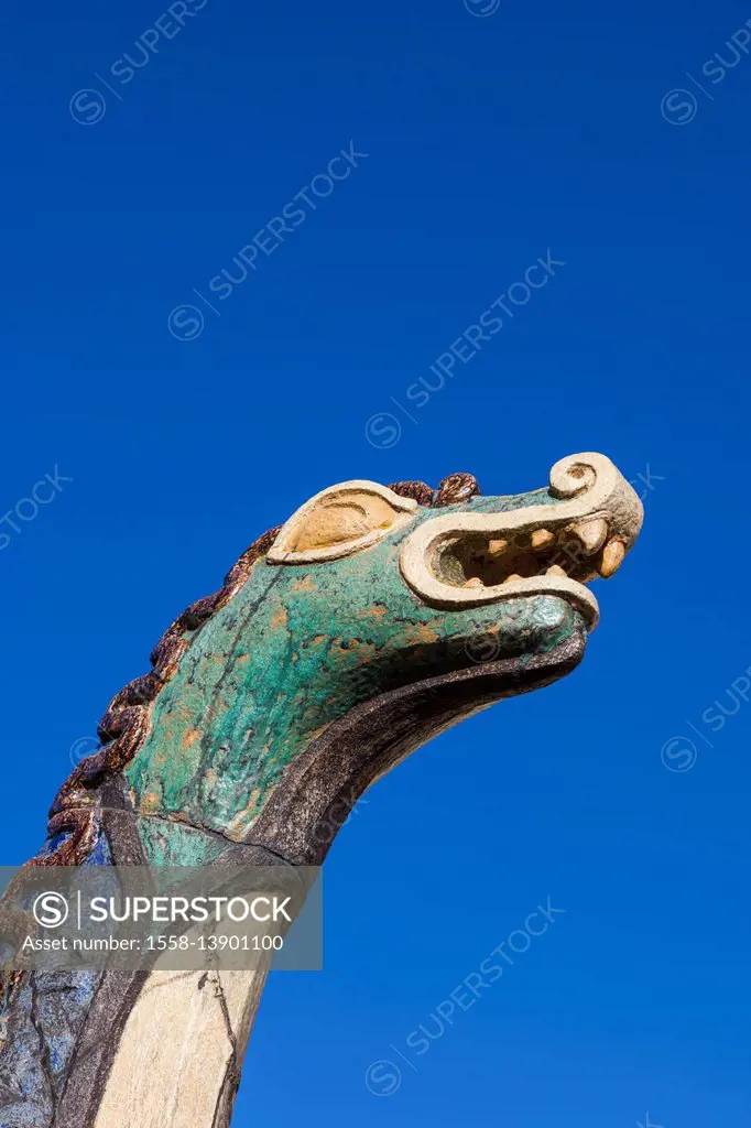 Denmark, Funen, Faaborg, Viking dragon boat sculpture