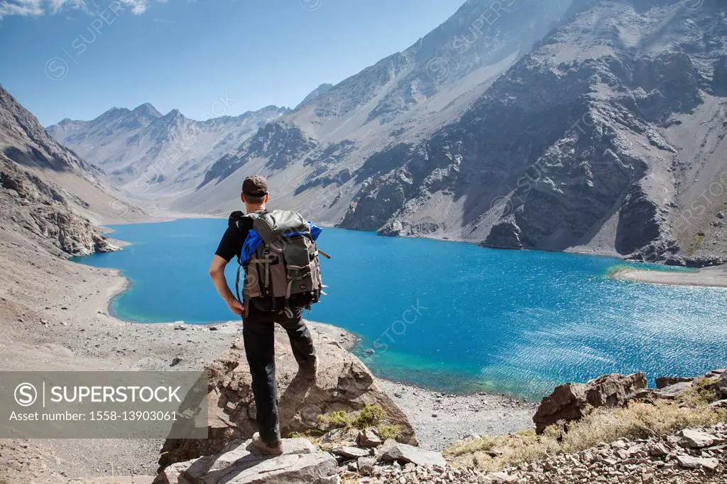 Chile, Portillo in summer, Laguna del Inca, Hiker